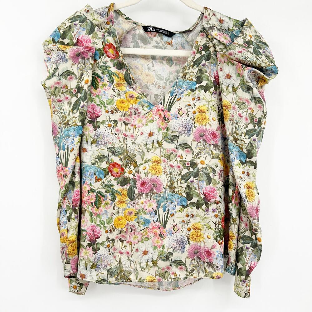 Zara Womens Cottagecore Spring V-Neck Puff Long Sleeve Floral Blouse Size‎ XS